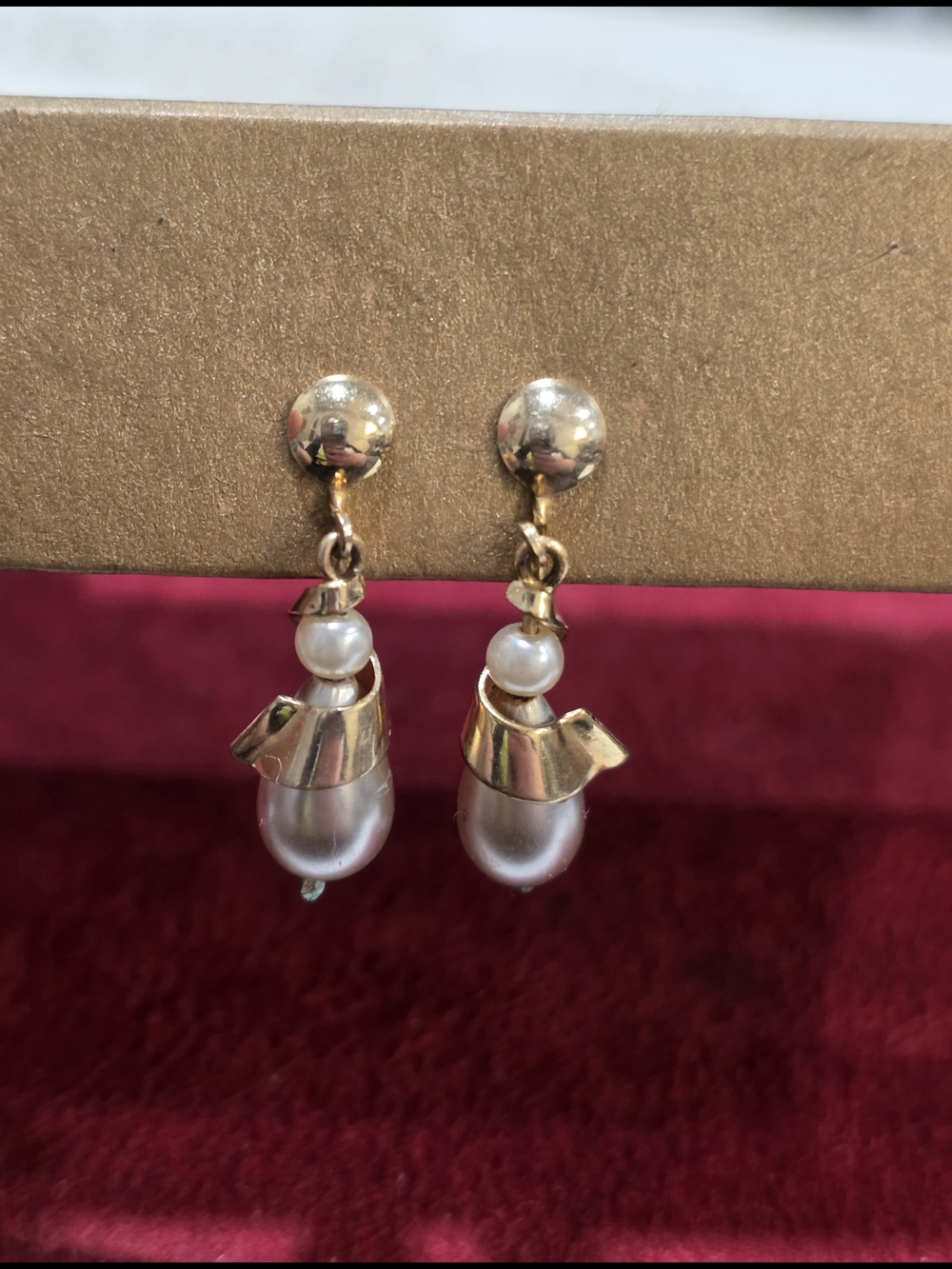 VTG Faux Pearl Gold-Filled Dangle Screwback Earrings, Signed
